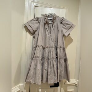 HUNTER BELL Taupe Ruffled Tiered Mini Dress